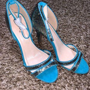 Light blue trimmed-glitter heels
